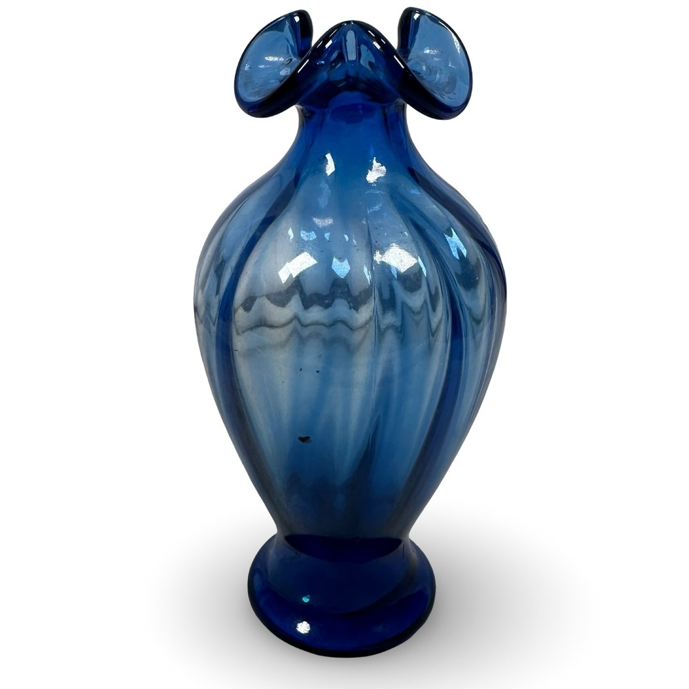 Fenton Cobalt Blue Ribbed Art Glass Vase Ruffled Rim 8.5 Inch Vintage 1980s